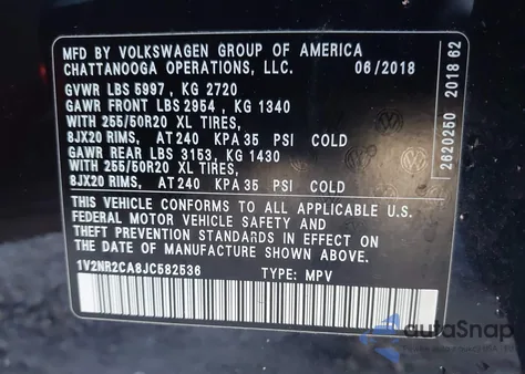 2018 Volkswagen Atlas 3.6L V6 Sel Premium z USA, uszkodzony, nr VIN 1V2NR2CA8JC582536